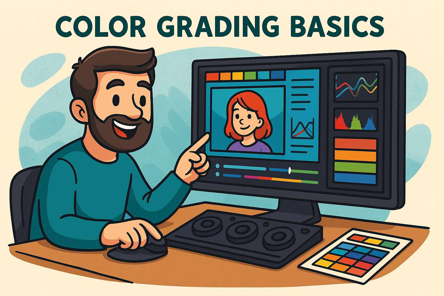Cartoon illustration of an editor reviewing color grades on a monitor